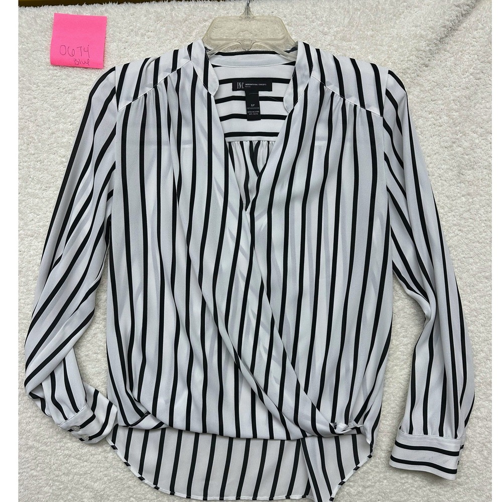 INC International Concepts Petite Black White Striped Surplice Blouse 6P Top
